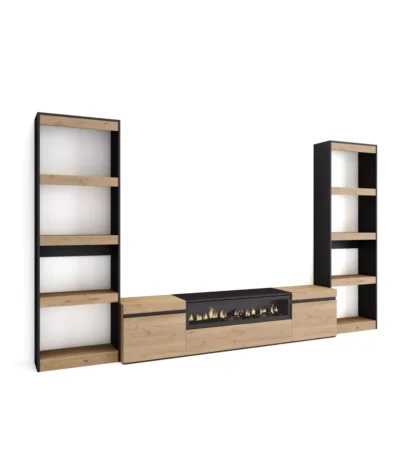 Muebles de Salón para TV, 320x35x186cm, Chimenea eléctrica, Roble y negro - Muebles de salón modernos