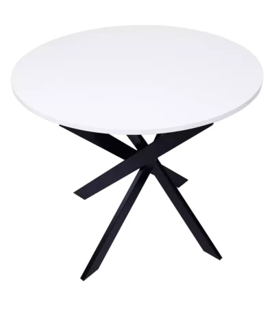 Mesa fija redonda, 90x90x77cm, Blanco mate, Patas negras - Muebles de salón modernos