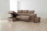 Sofá Chaiselongue Lira: 2 pufs, reclinable, chaiselongue intercambiable, tela antimanchas, configuración modular.