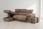 Sofá Chaiselongue Lira: 2 pufs, reclinable, chaiselongue intercambiable, tela antimanchas, configuración modular.