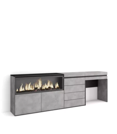 Tocador, 234x35x75cm, Chimenea eléctrica XXL, Cómoda, Cajonera, Cemento - Muebles de salón modernos