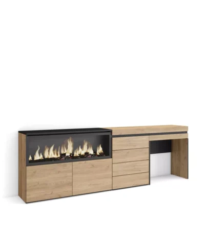 Tocador, 234x35x75cm, Chimenea eléctrica XXL, Cómoda, Cajonera, Roble - Muebles de salón modernos