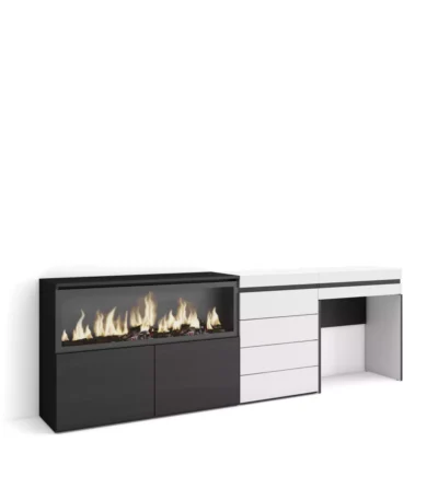 Tocador, 234x35x75cm, Chimenea eléctrica XXL, Cómoda, Cajonera, Blanco y negro - Muebles de salón modernos